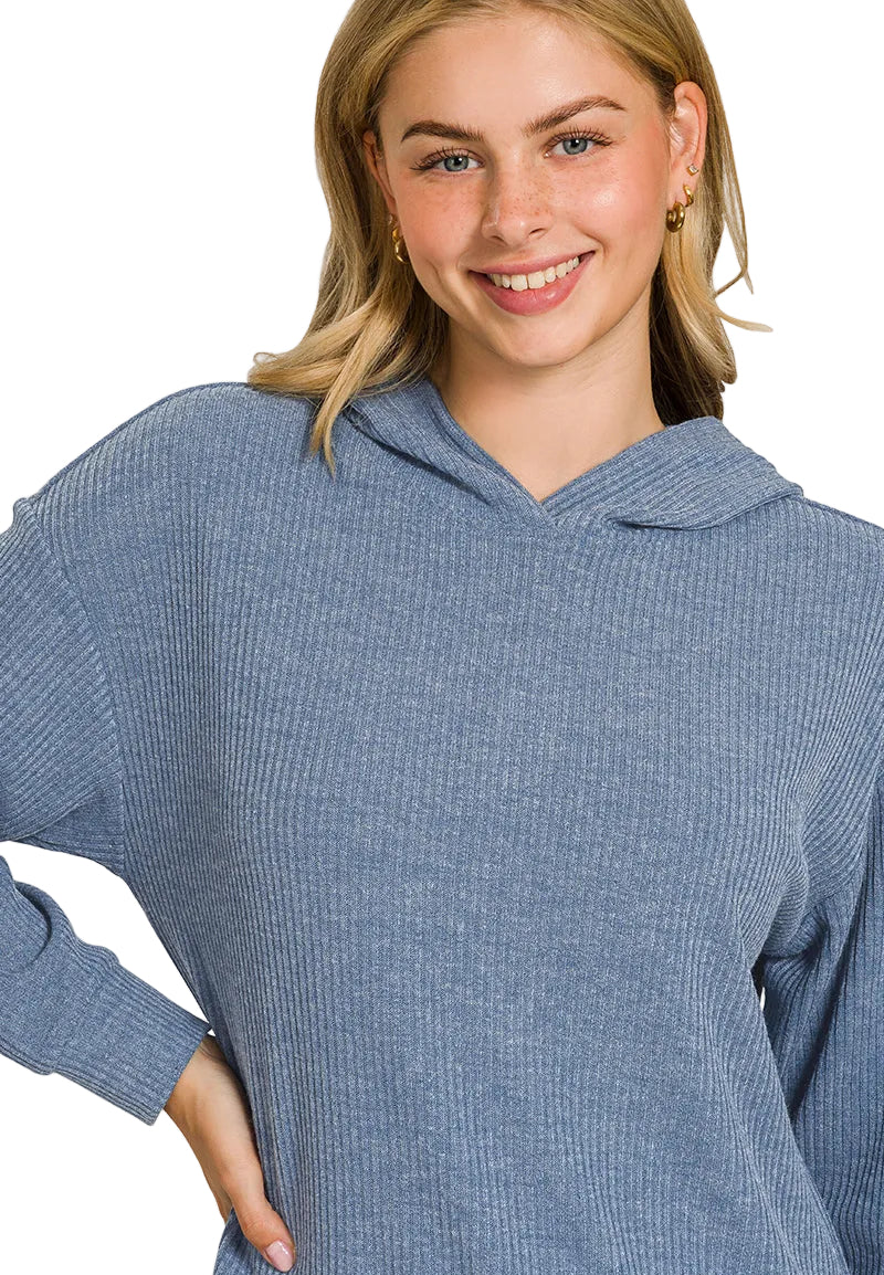 Blue Ribbed Hoodie Pullover