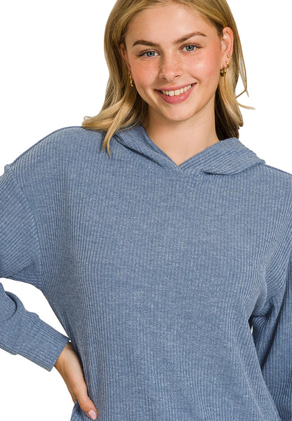 Blue Ribbed Hoodie Pullover