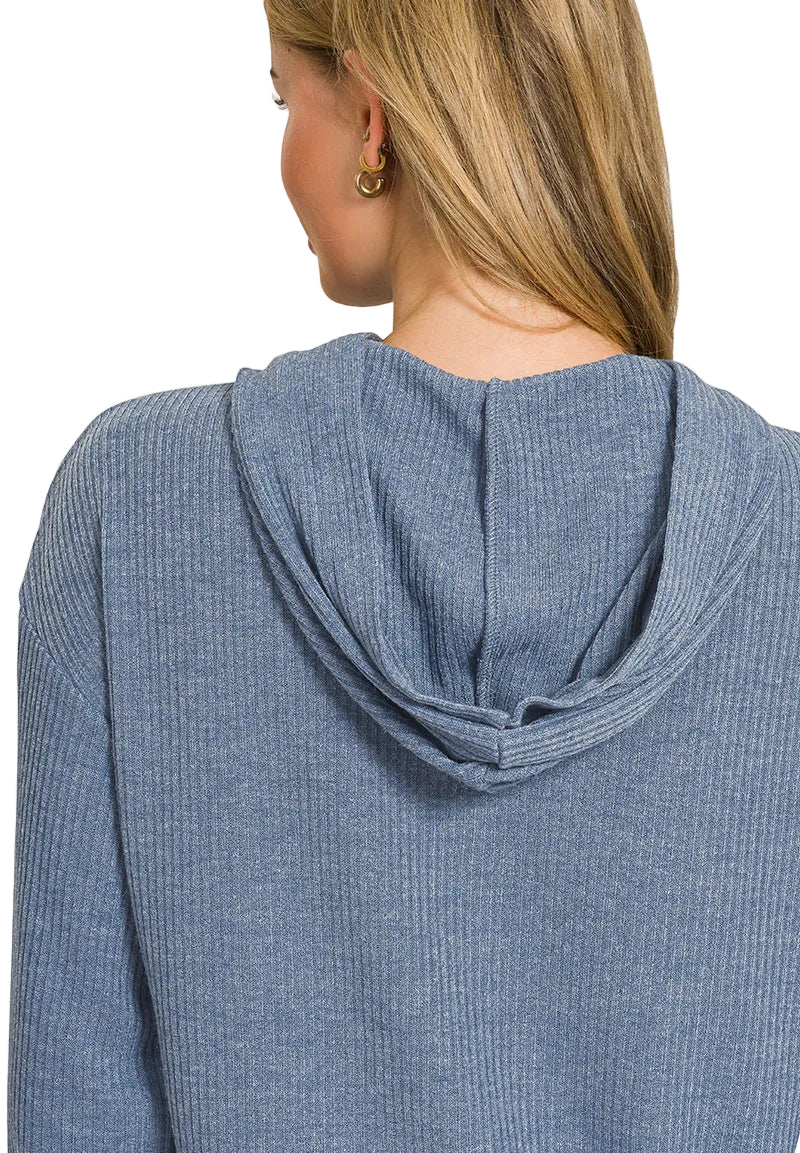 Blue Ribbed Hoodie Pullover