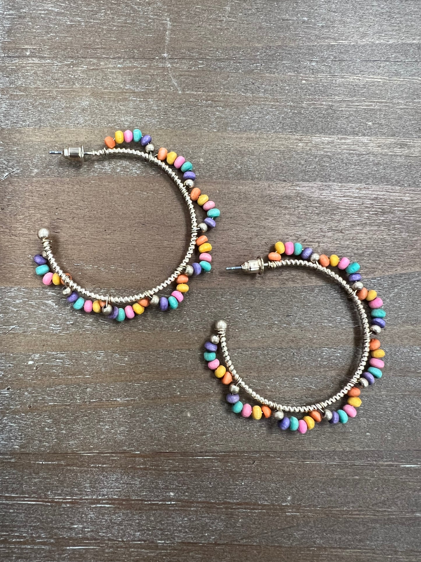 Multicolored Wood Bead Hoop Earrings