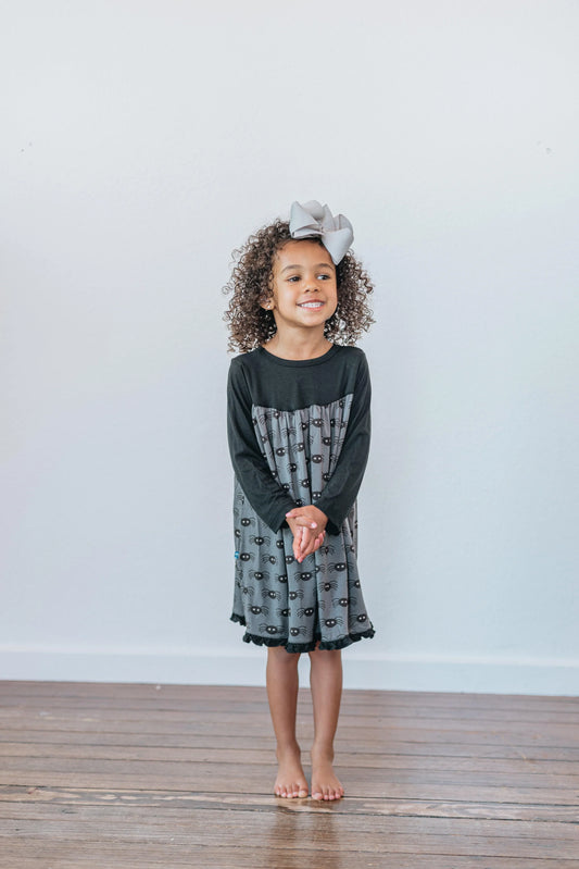 Girls Classic Long Sleeve Dress - Stone Spiders
