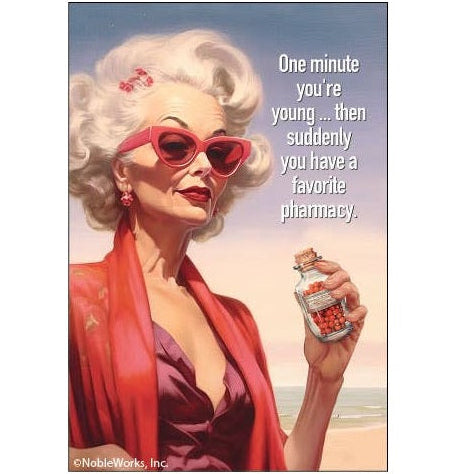 Vintage-style poster with a woman holding a bottle of pills, wearing sunglasses and a red coat, with a beach background.