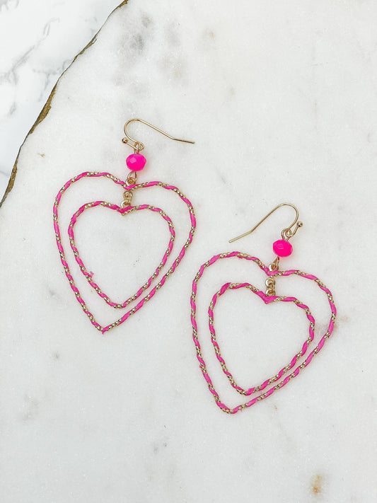 Wrapped Double Heart Dangle Earrings - Pink