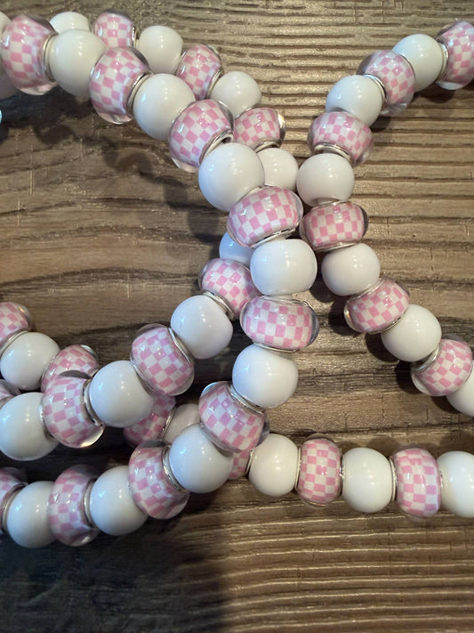 Beaded Phone Charger with Lightning & USB-C Cable - Light Pink Checkered