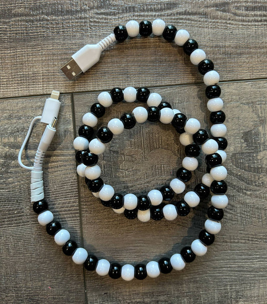 Beaded Phone Charger with Lightning & USB-C Cable: Black and White