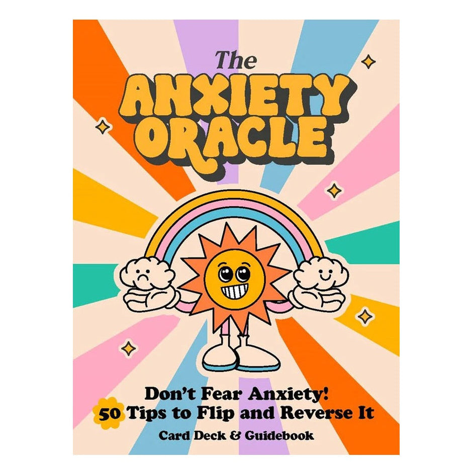 Front cover of 'The Anxiety Oracle' card deck and guidebook, featuring a colorful retro sun, rainbow, and cloud illustration on a striped burst background.