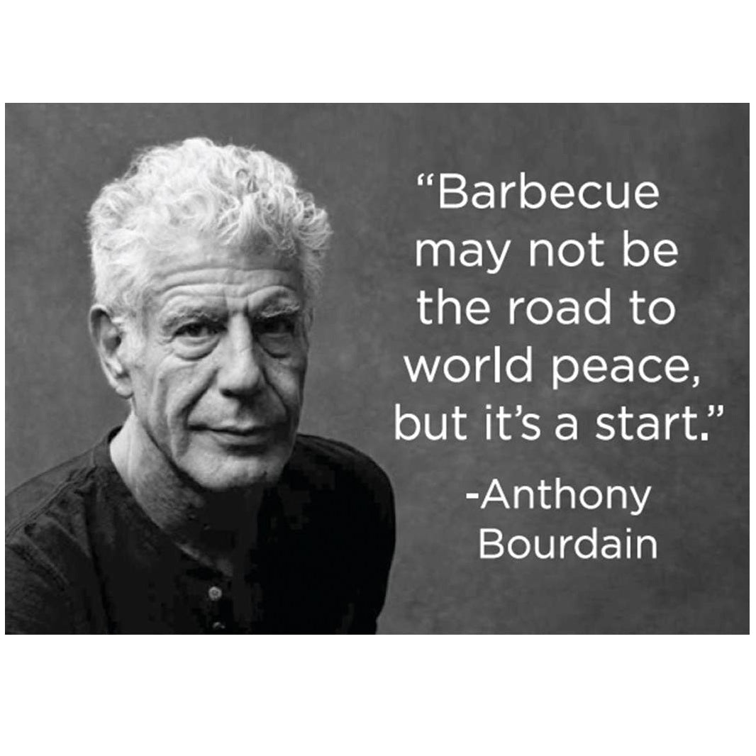 Black and white photo of Anthony Bourdain  with a quote by Anthony Bourdain on a dark background