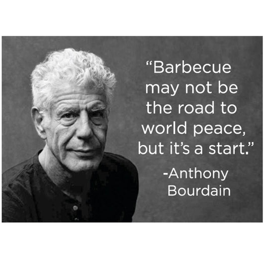 Black and white photo of Anthony Bourdain  with a quote by Anthony Bourdain on a dark background