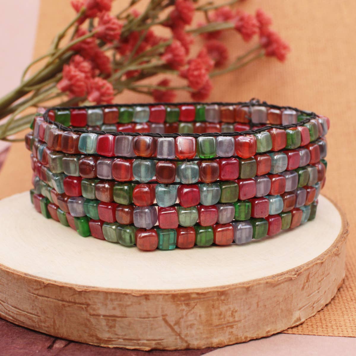 Rustic Reds Square Glass Bead Mosaic Stretch Bracelet