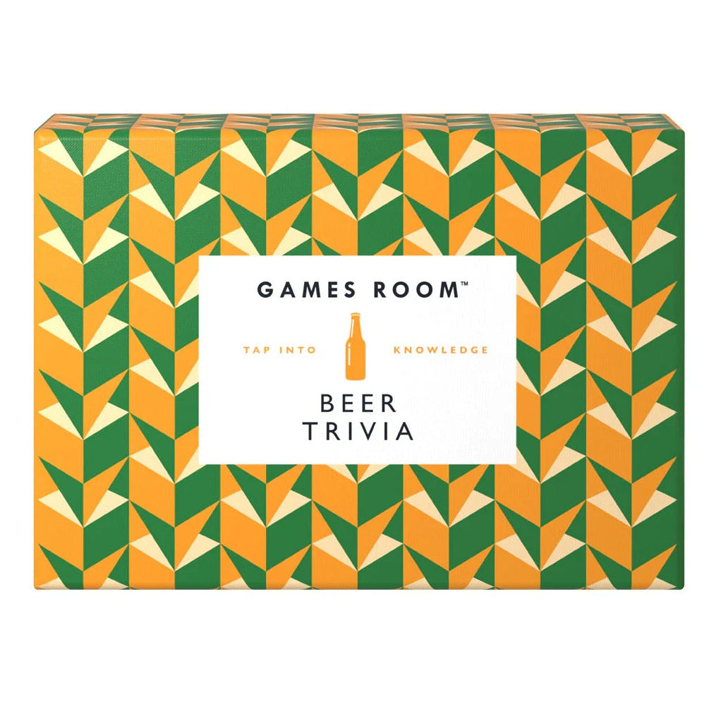 Games Room Beer Trivia game box featuring a geometric pattern of green, orange, and cream triangles with a white label in the center.