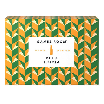Games Room Beer Trivia game box featuring a geometric pattern of green, orange, and cream triangles with a white label in the center.