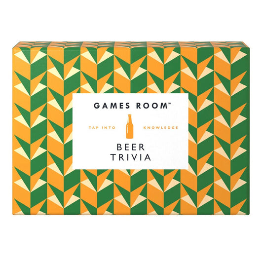 Games Room Beer Trivia game box featuring a geometric pattern of green, orange, and cream triangles with a white label in the center.