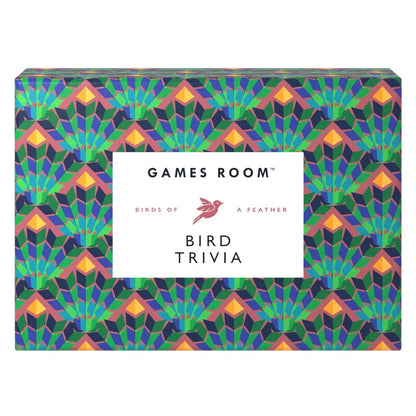 Games Room Bird of Feather Bird Trivia card game box featuring a colorful geometric pattern with a white label in the center.