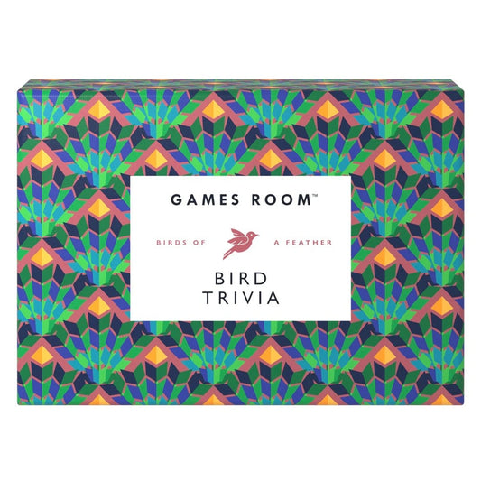Games Room Bird of Feather Bird Trivia card game box featuring a colorful geometric pattern with a white label in the center.