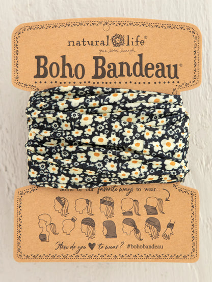 Full Boho Bandeau Headband - Black & Cream Floral