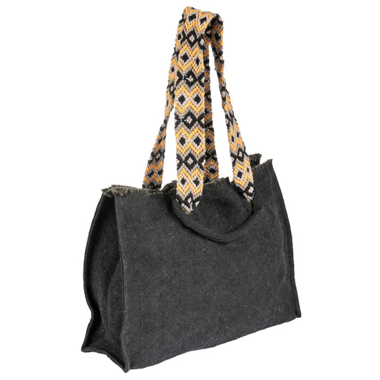 Oversized Tote With Hand Woven Straps - Black