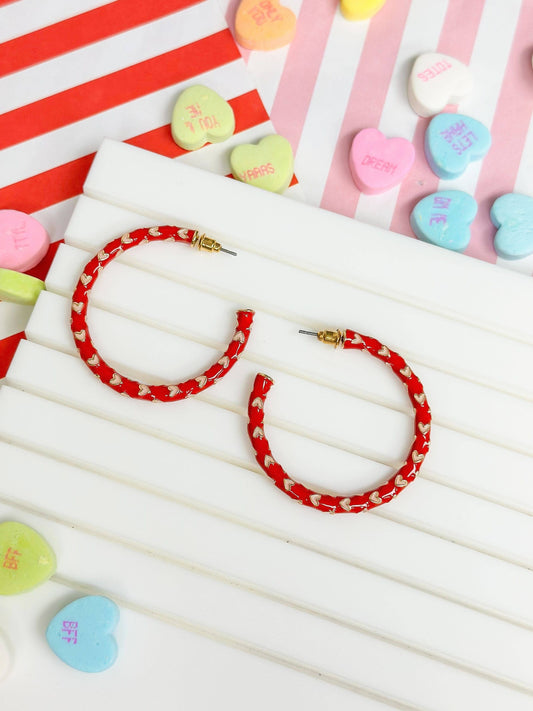 Heart Patterned Enamel Hoop Earrings - Red