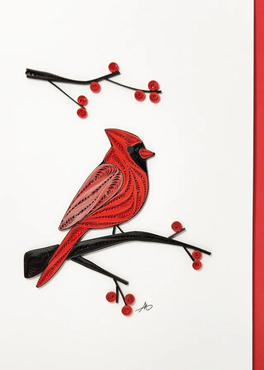 5x7 Quilled Greeting Card - Cardinal With Red Berry