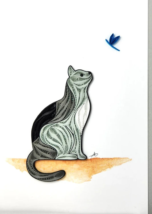 5x7 Quilled Greeting Card - Cat With Dragonfly