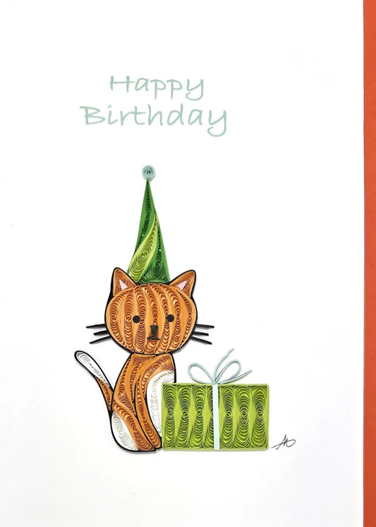 5x7 Quilled Greeting Card - Happy Birthday Cat With Gift