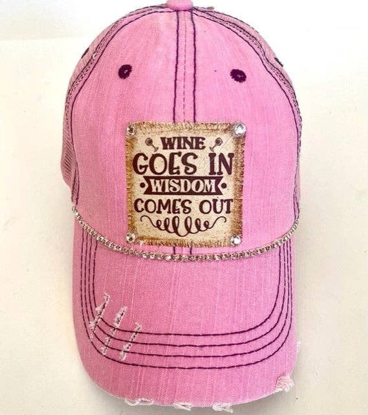 Wine Goes In Wisdom Comes Out Distressed Trucker Hat - Bling / Pink