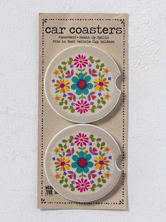 Natural Life Car Coaster Set - Cream Folk Flower