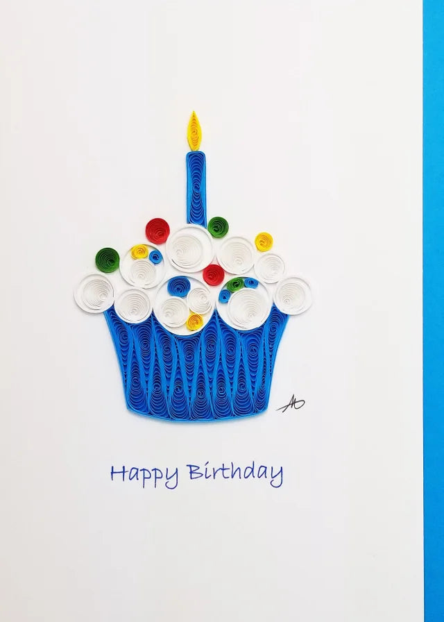 5x7 Quilled Greeting Card - Blue Cupcake With Candle