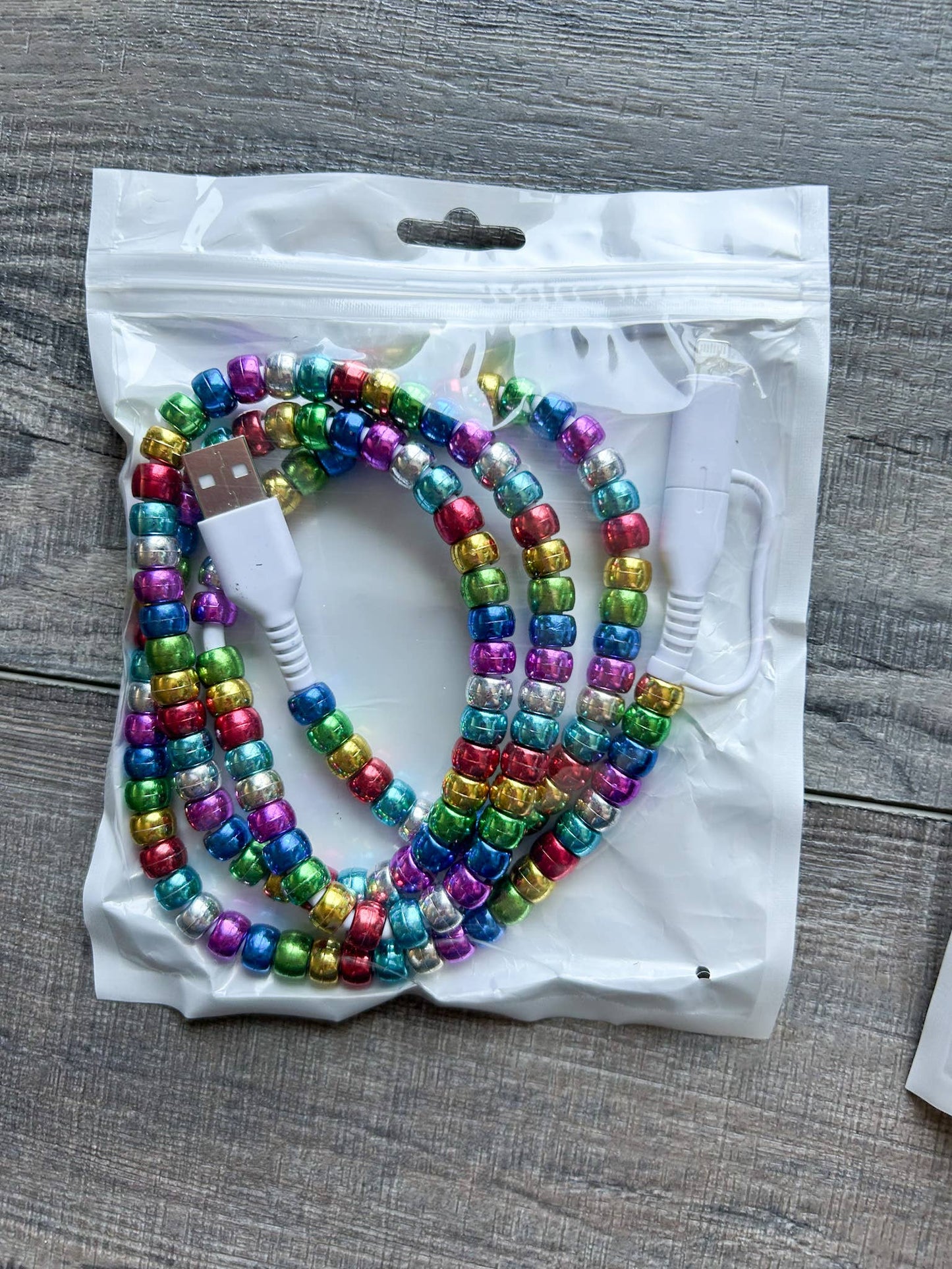 Beaded Phone Charger with Lightning & USB-C Cable - Metallic Rainbow