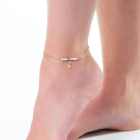 Layered Seed Bead Gold Sun Anklet