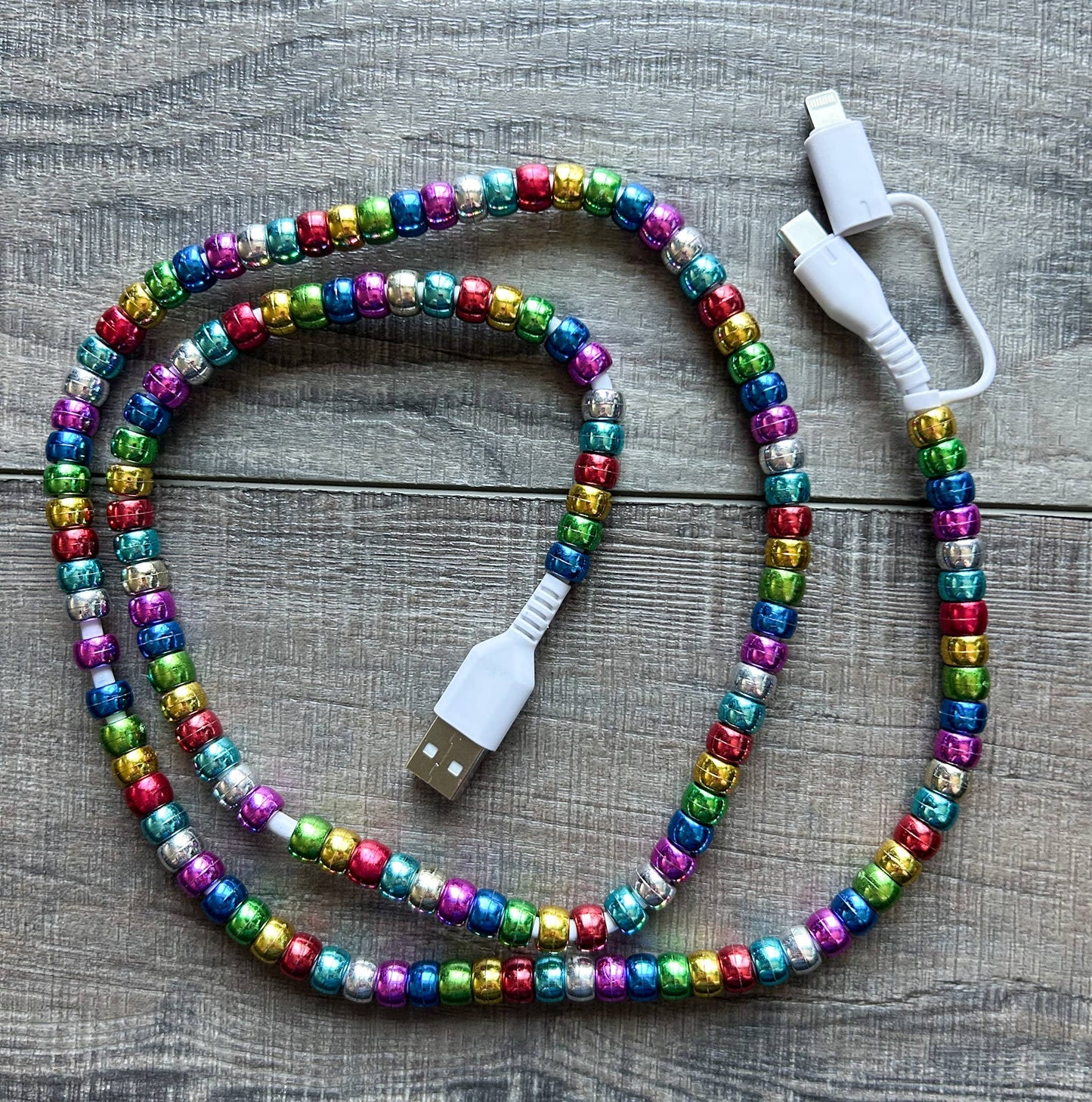 Beaded Phone Charger with Lightning & USB-C Cable - Metallic Rainbow