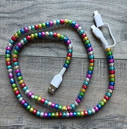 Beaded Phone Charger with Lightning & USB-C Cable - Metallic Rainbow