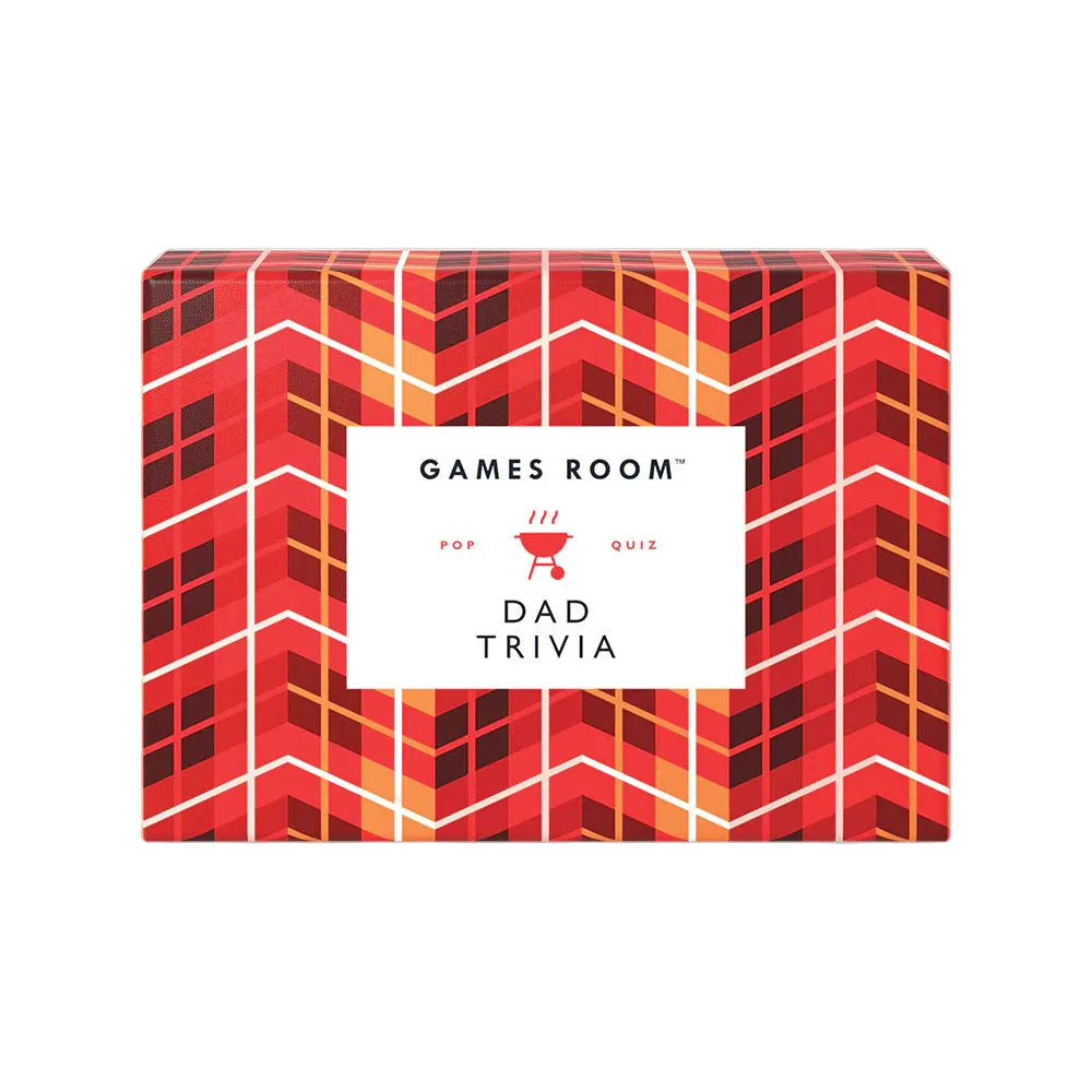 Red and orange checkered box with 'Games Room' and 'Dad Trivia' text on a white background