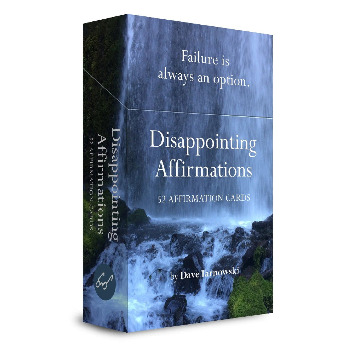 A boxed card product titled "Disappointing Affirmations" with the subtitle "52 Affirmation Cards," shown at a slight angle on a white background. The box features a waterfall and rocky landscape photo, with white text and a small circular "sg" mark near the bottom front.