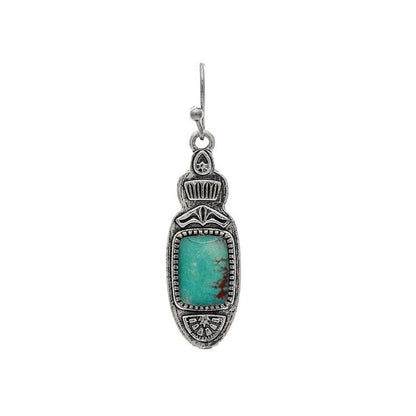 A sterling silver dangle earring featuring a rectangular turquoise stone with natural red matrix inlay, shown against a plain white background.