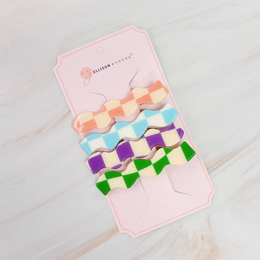 Checkered Wavy Creaseless Hair Clip Set Of 4 - Happy Multi