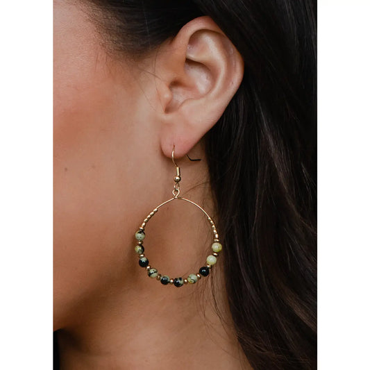 Gold Wire Hoop Earrings - Light Green