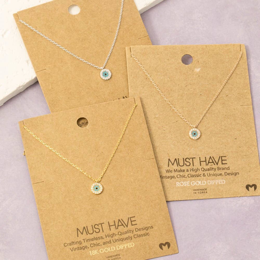 Gold Dipped Cz Trim Evil Eye Coin Necklace