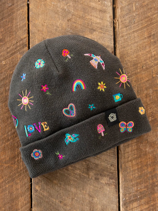 Natural Life Embroidered Beanie - Charcoal Doodle