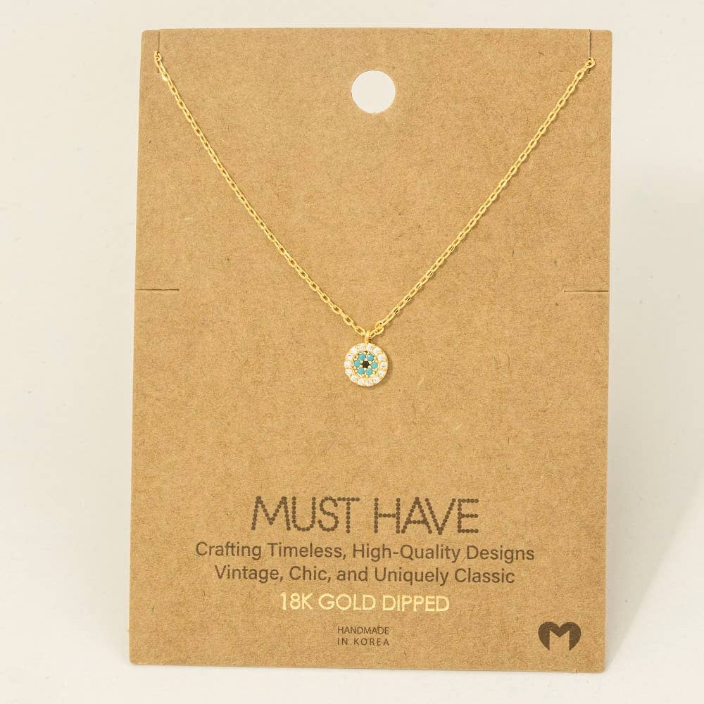 Gold Dipped Cz Trim Evil Eye Coin Necklace