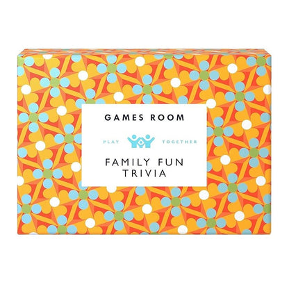 Games Room Family Fun Trivia game box featuring a vibrant orange and yellow geometric pattern with blue and white dots, and a white label in the center.