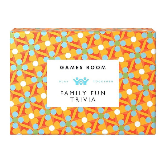 Games Room Family Fun Trivia game box featuring a vibrant orange and yellow geometric pattern with blue and white dots, and a white label in the center.