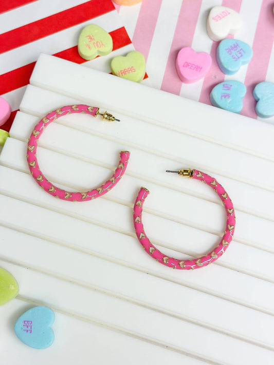 Heart Patterned Enamel Hoop Earrings - Pink