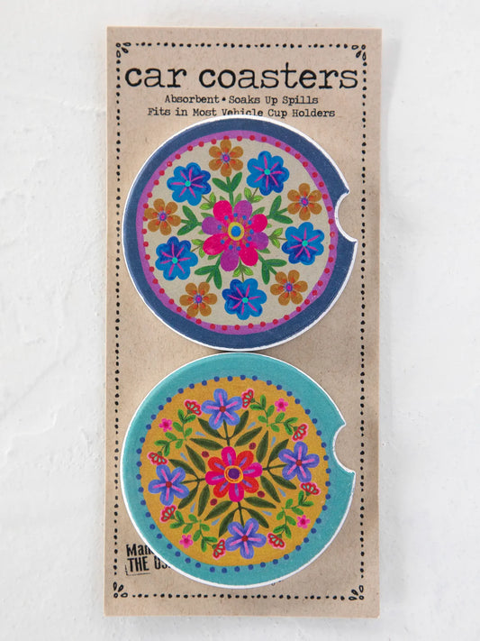 Natural Life Car Coaster Set - Mustard Folk Flower