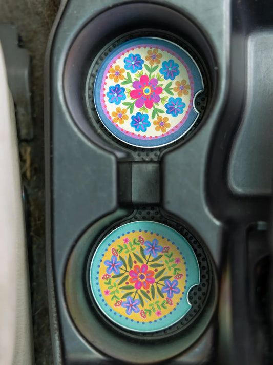 Natural Life Car Coaster Set - Mustard Folk Flower