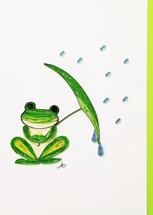 5x7 Quilled Greeting Card - Frog In Rain
