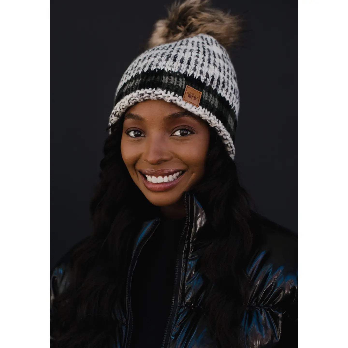 Pom Hat - Gray Heather With Green Trim