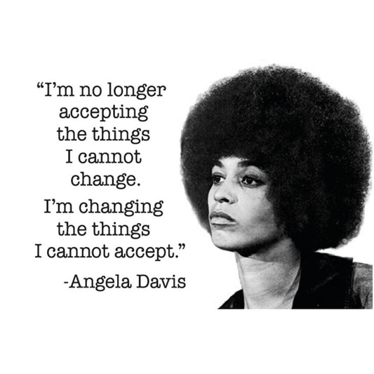 Black and white portrait of Angela Davis with a quote on a white background