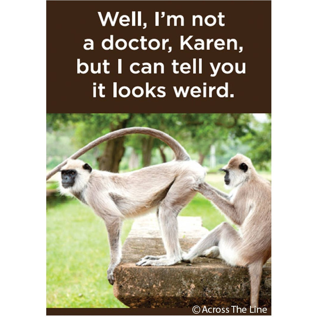 Two monkeys on a log with a humorous text overlay on a white background