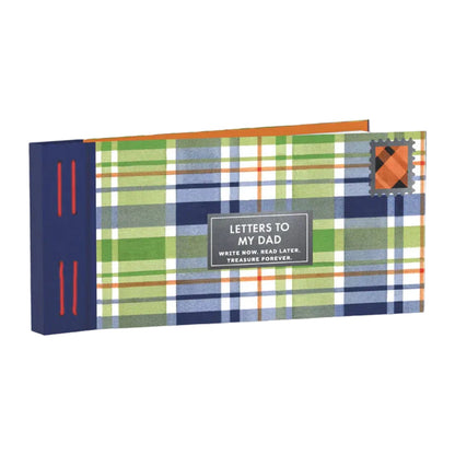 Plaid notebook with 'Letters to My Dad' text on a white background