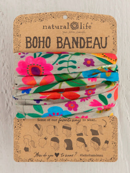 Full Boho Bandeau Headband - Light Taupe Folk Flower